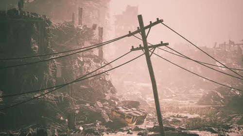 Post-Apocalyptic Destroyed City with Power Pole