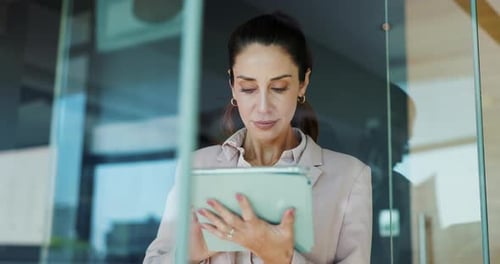 Glass, tablet and business woman in office for online proposal, budget report
