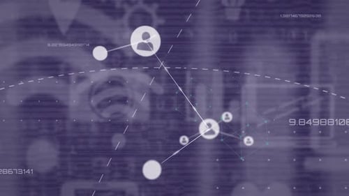 Animation of connected people icons and media icons on dark grey background