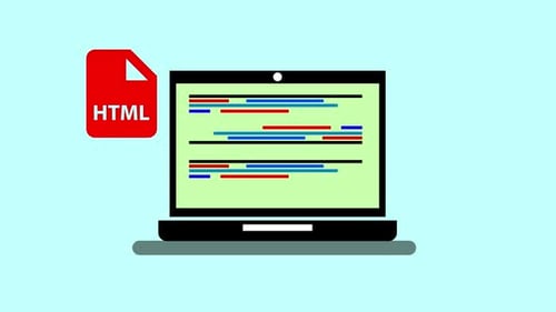 Laptop with HTML code animated on screen and HTML file icon concept for web development.