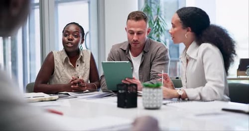 Tablet, group or business people in meeting, discussion, conversation in workplace or office