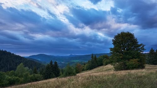 Dramatic Sky with Rain Clouds on the Horizon at Dusk Over a Forest Landscape on a Meadow in Autumn