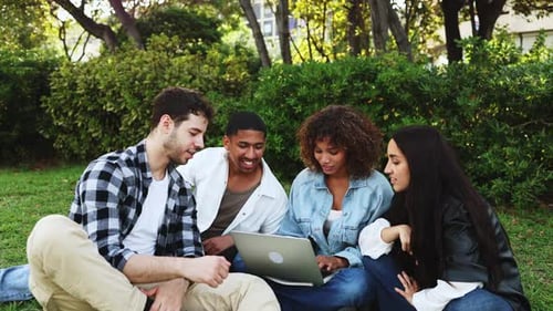 Multi-ethnic students collaborate on a laptop in a park, sharing ideas and studying together