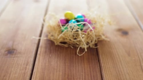 Colorful Easter Eggs Nest on Wooden Surface