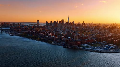 Golden hour in the splendid New York. Aerial perspective on the city panorama