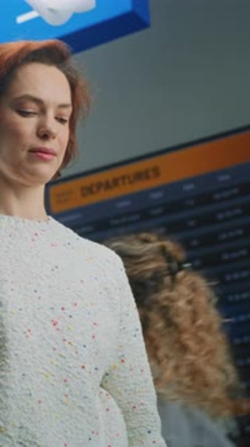 Airport Terminal Happy Female Passenger Holding Plane Ticket Taking Selfie Using Smartphone