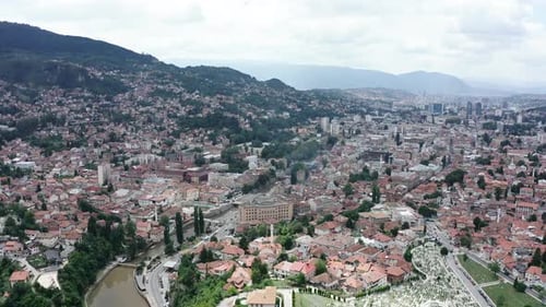 Aerial video of the capital city of Sarajevo of Bosnia and Herzegovina
