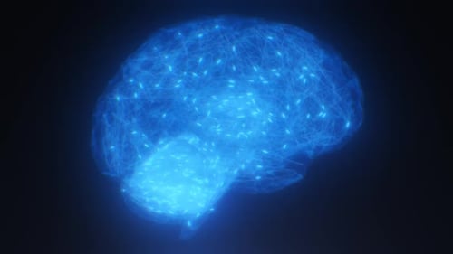 Leuchtendes blaues Gehirn mit dynamischen neuronalen Netzwerkverbindungen