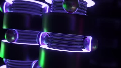 Animação 3D mística de cilindros metálicos e orbes iluminados por luz ultravioleta