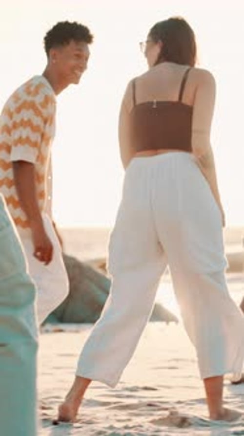 Smile, people and walking on beach for travel, spring break and bonding together on holiday