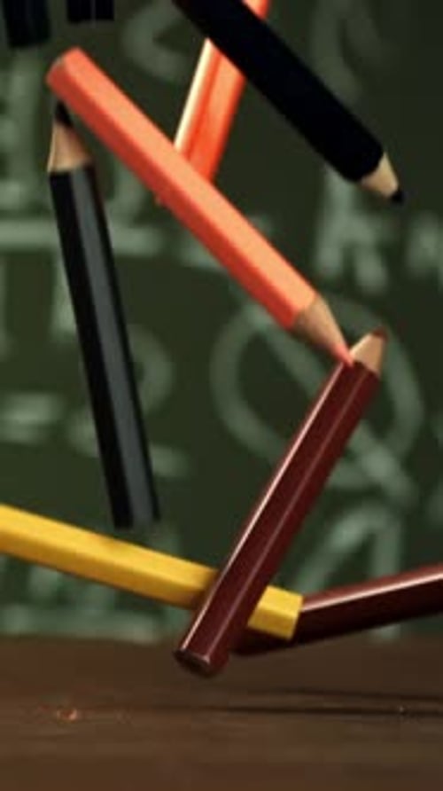 Pencils Fall on the School Desk Filmed on a Highspeed Camera at 1000 Fps