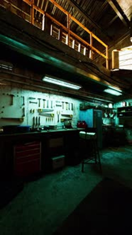 Tools Adorn Wall in Dimly Lit Auto Repair Room