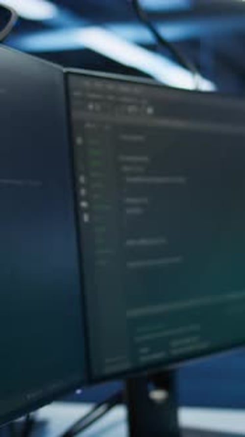 Vertical Video Close Up of PCs Used By Futuristic Server Hub Workplace Admins