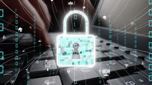 Digital Security Concept with Padlock and Data Flow on Keyboard, Representing Network Protection and