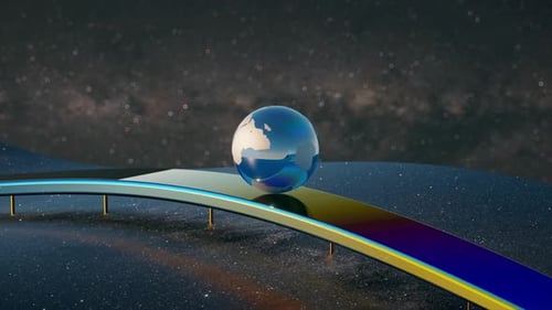 The Glass Ball of the Planet Earth Smoothly Rolls Along the Wave Chrome Surface Against the