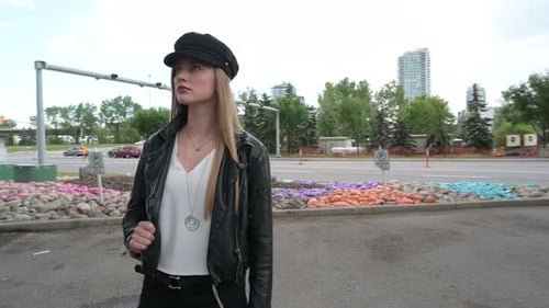 Portrait Confident Cool Young Woman in Hat Standing in Urban Parking Lot 2024 Years