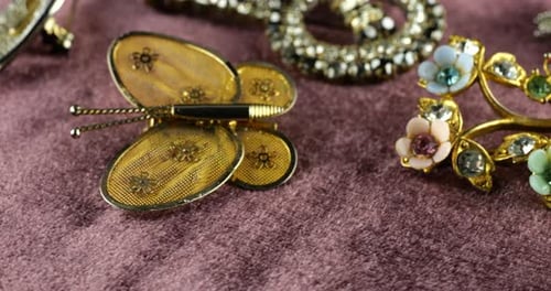 Spinning velvet display case with vintage jewelry: brooches and rings.