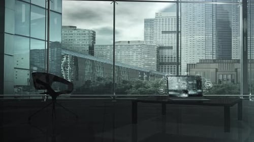 Futuristic Holographic UI Displaying Data Icons on Laptop