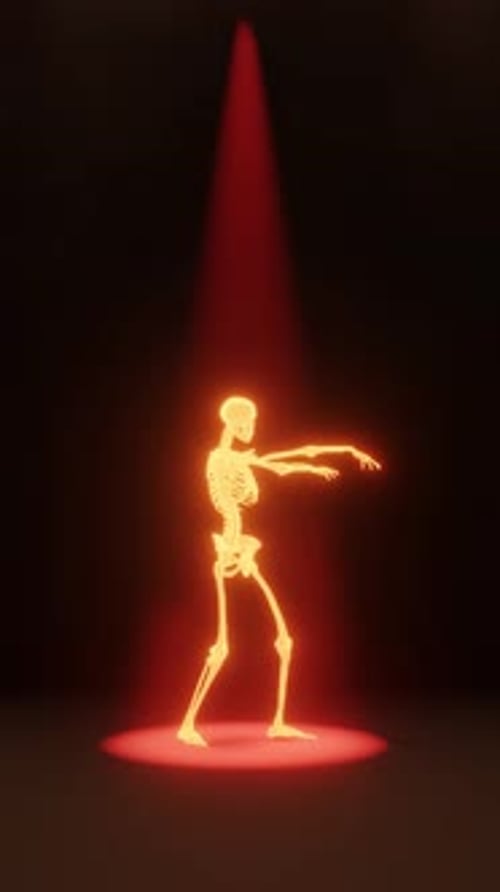 Dancing Skeleton with Neon Glow in Spotlight for Halloween
