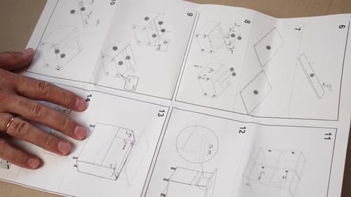 - Ils déplient le schéma de montage du meuble et déversent les accessoires et les éléments de fixation.