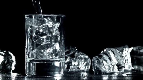 Water Being Poured into Glass with Ice