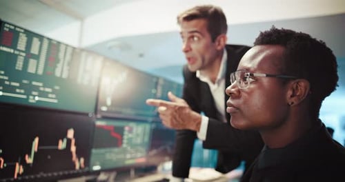 Businessmen, discussion or screen with stock market for investment decision or choice at office