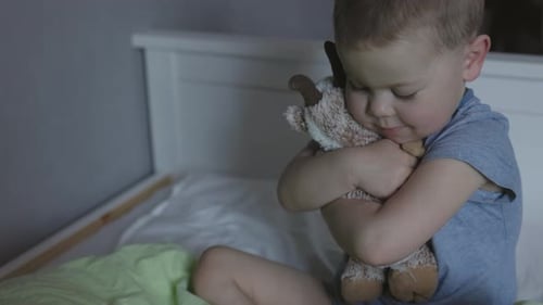 Little Kid Boy Preparing to Sleep Hugging His Loving Toy with Green Blanket