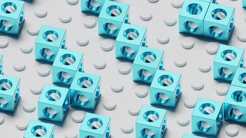 The blue cubes move randomly on the floor. Loop animation