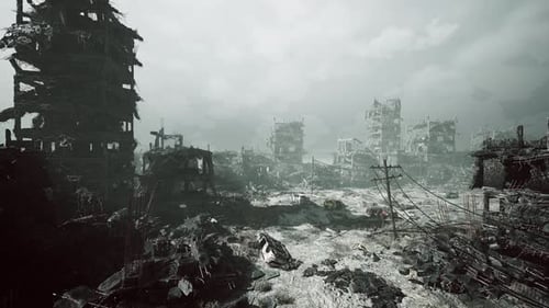 Düsteres Bild eines zerstörten Stadtkorridors, der von Trümmern und Flammen überwältigt wird