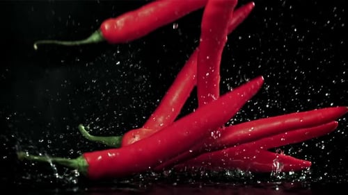 Chili Peppers fallen auf einen nassen schwarzen Tisch, gefilmt mit einer Hochgeschwindigkeitskamera mit 1000 Bildern pro Sekunde