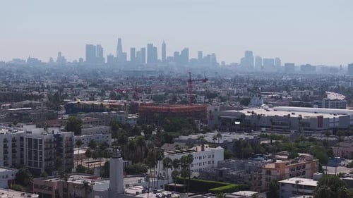 Aerial Skyline of Downtown Los Angeles on a Sunny Day Skyscrapers Cityscape Downtown