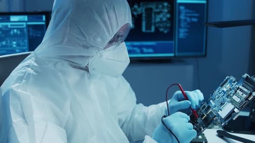 Microelectronics Engineer Works in a Modern Scientific Laboratory on Computing Systems and