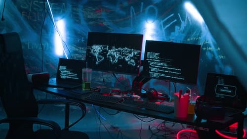 Hacker's workstation in a chaotic and moody setting