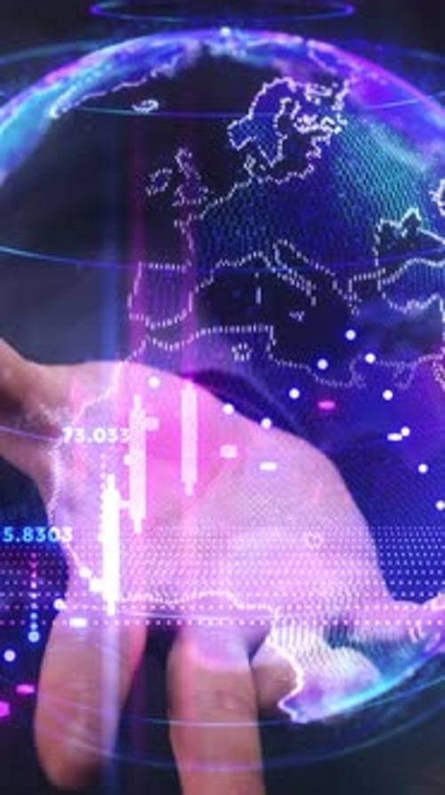 Businessman Holding Hologram of Planet Earth with Stock Market Data