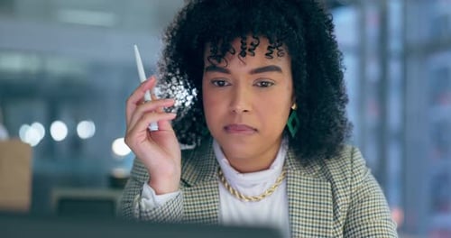 Business woman, laptop and thinking, editing or reading online report, article