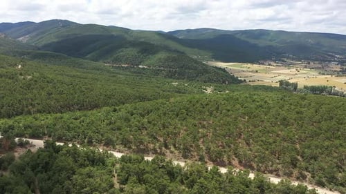 Vue aérienne des collines forestières et des terres agricoles