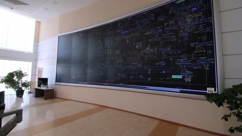 Bewegung auf einen riesigen Bildschirm mit Daten an der Wand im Kontrollbüro