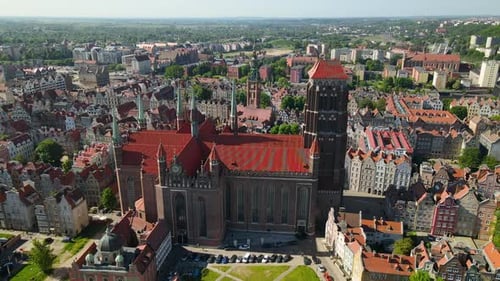 Aerial orbiting around Basilica of St. Mary of the Assumption of the Blessed Virgin Mary in Gdansk O