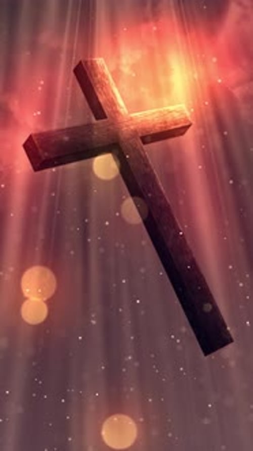 Spiritual Wooden Cross with Divine Light Rays and Particles