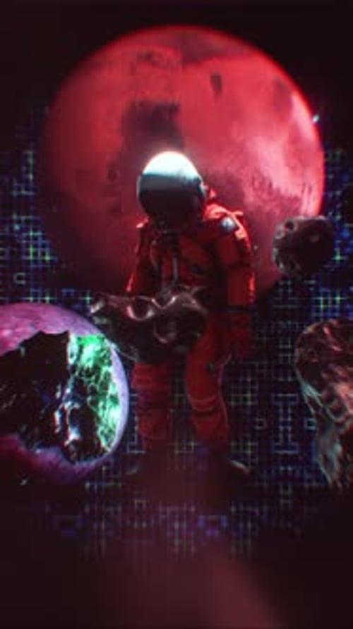 Futuristic Astronaut Explores Space with Glowing Planets