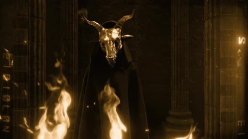 Vintage Film Style Goat Masked Figures Stood In A Secret Temple