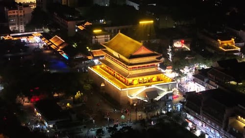 Xian Drum Tower at night - Aerial View