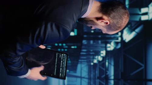 Developer Types Code on Tablet in a Futuristic Hallway