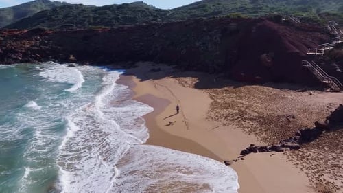 Drone view of person walking dog along the beach with mountains in Spain.