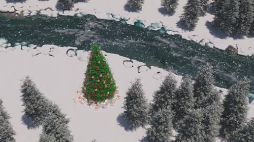 Árvore de Natal à beira do rio Um país das maravilhas do inverno