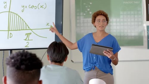 Teaching math, woman holding tablet and pointing at whiteboard in high school classroom