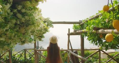 Woman enjoys a serene view of the Amalfi Coast from a terrace adorned with lemons. Tourist on summer