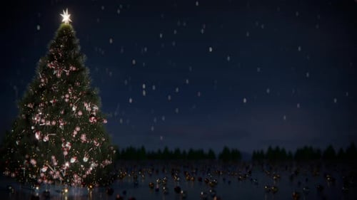 Christmas Tree with Falling Snow and Ornaments at Night Loop
