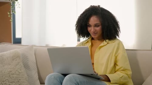 African American Woman Girl Student Working Remote Online Studying Distant Education Surprised Happy