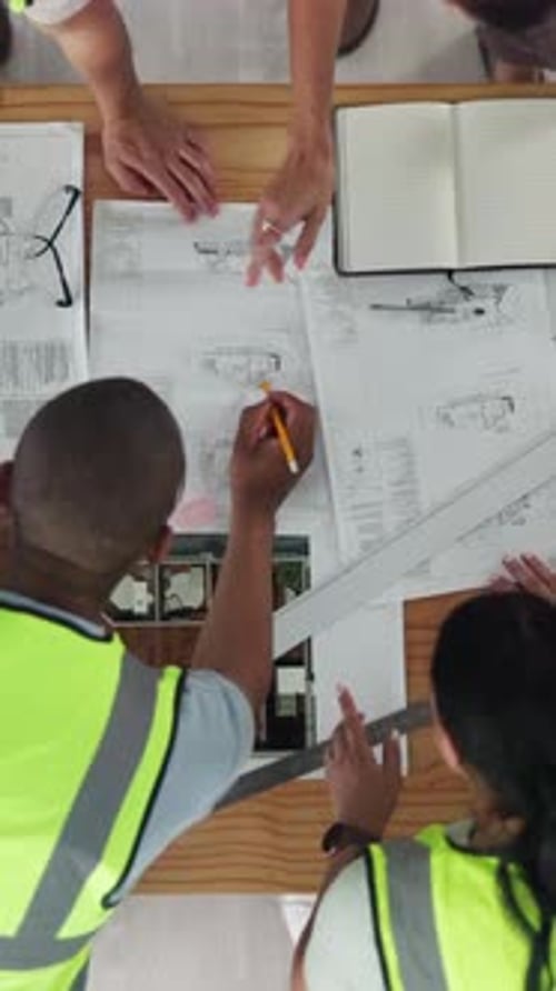 Architect, group and blueprint for design in office with review, discussion